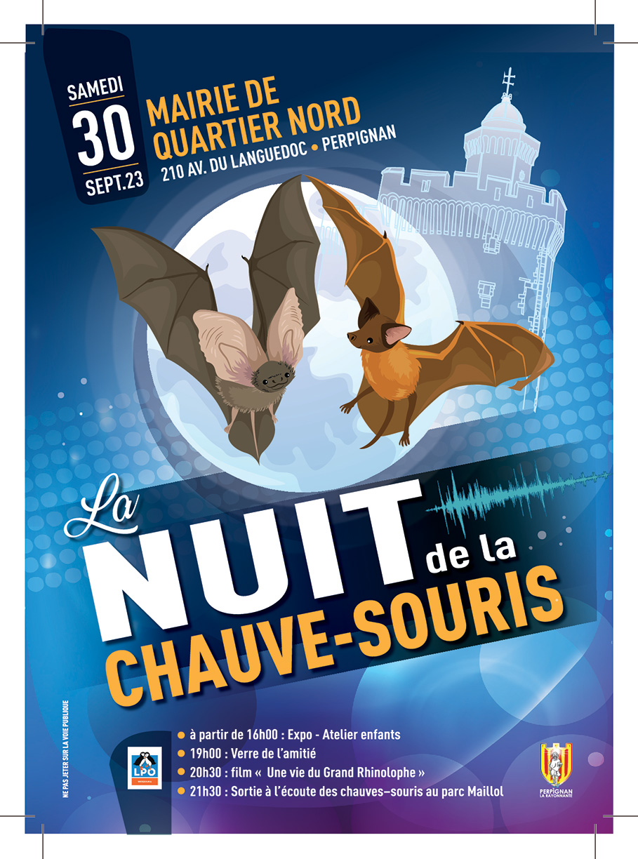 Affichette de l'événement, deux chauve-souris volant devant une pleine lune avec le Castillet en fond.