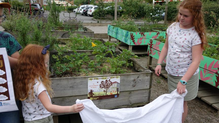 Les enfants du quartier dévoilent le panneau du Refuge LPO à Arques © LPO