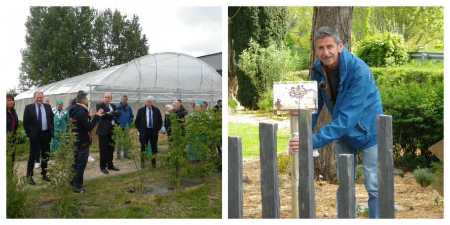 photos de l'inauguration du Refuge « Le Doulac » : à gauche un groupe de personnes, à gauche le panneau Refuge LPO planté