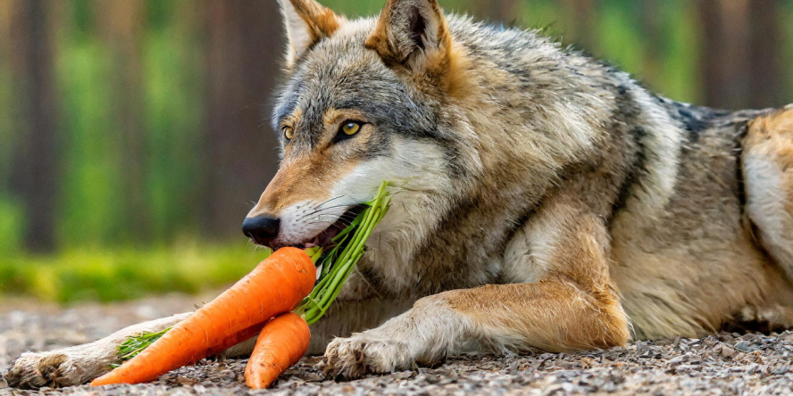 Un loup au sol en tain de manger des carottes