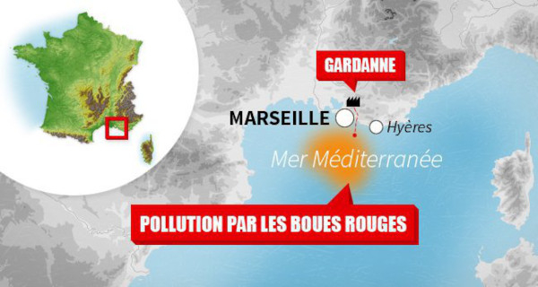 Carte représentant la pollution par les boues rouges