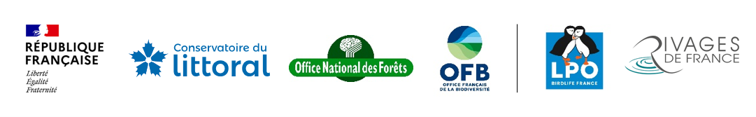 logos : R&eacute;publique Fran&ccedil;aise, Conservatoire du littoral, Office National des For&ecirc;ts, OFB, LPO, Rivages de France