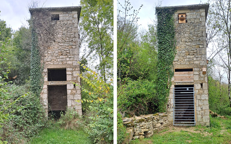 On voit 2 photos repr&eacute;sentant un vieux transformateur &eacute;lectrique qui prend la forme d'une tour en pierre : la photo de gauche date d'avant travaux, et sur celle de droite apr&egrave;s la pose de nichoirs pour les oiseaux et les chauves-souris, et d'une grille sur la porte d'entr&eacute;e qui laisse entrer la petite faune qui peut y trouver refuge.