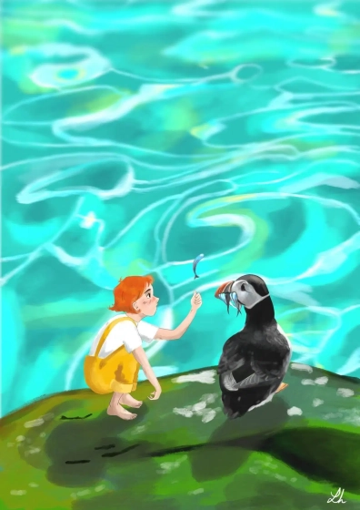 Dessin digital d'un enfant lan&ccedil;ant un poisson &agrave; un Macareux moine, au bord de l'eau