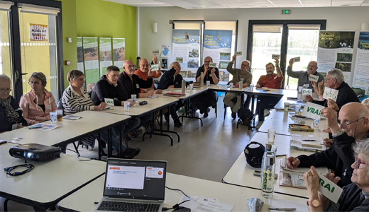 Référent·es et correspondant·es assis autour d'une table entrain de répondre à un quiz collectif avec des cartons : vrai ou faux