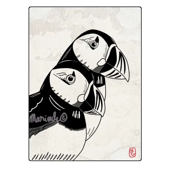 Deux macareux moine en portrait, style japonais &agrave; l'encre