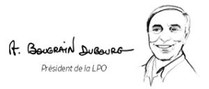Signature d'Allain Bougrain Dubourg suivie d'un dessin en noir et blanc