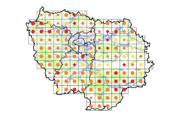 Carte de nidification du Coucou gris (Cuculus canorus) en Île-de-France (issue de l’Atlas des oiseaux nicheurs d’Ile-de-France, 2009-2014). En rouge les nicheurs certains, en orange les nicheurs probables et en jaune les nicheurs possibles. Les cercles concentriques donnent une idée des effectifs nicheurs par maille du quadrillage : de 1 à 10 couples pour les petits cercles, de 11 à 100 pour les plus grands cercles, des losanges lorsqu’il n’y a pas eu de dénombrement.