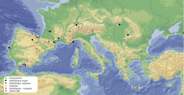 Cartes des sites archéologiques et paléontologiques (67) contenant des os de gypaète
