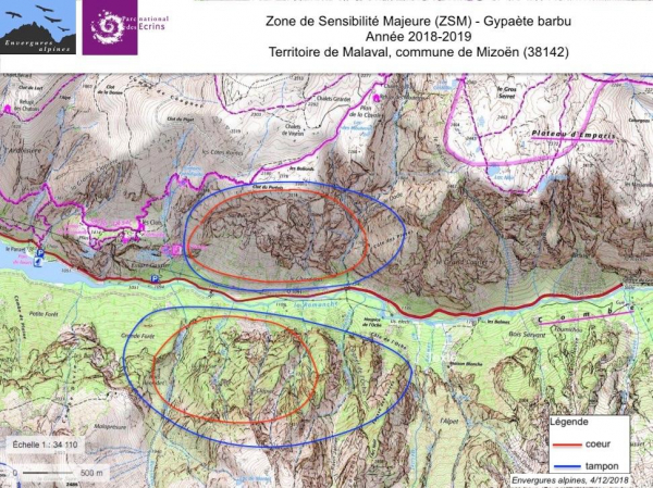 Zone de Sensibilité Majeure Gypaète barbu 2018-2019 Territoire de Maval, commune de Mioën (38142)