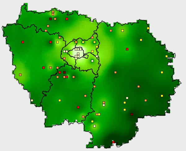 Interpolation de la diversit&eacute; sp&eacute;cifique illustrant ses liens avec la distance &agrave; Paris et la diversit&eacute; en habitats des carr&eacute;s (plus les carr&eacute;s sont fonc&eacute;s, plus la diversit&eacute; en habitat est forte) : Plus le vert est fonc&eacute;, plus la diversit&eacute; sp&eacute;cifique des oiseaux est importante.