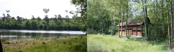 A gauche : Localisation de l’aire et de la caméra. A droite : L’observatoire sur les bords de l’étang du Ravoir