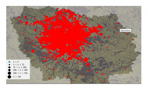 Carte 1. Observations de Perruche à collier en IdF depuis 2011, toutes saisons confondues. (données Faune-IdF)  L’espèce est classée EEE (Espèce Exotique Envahissante) et figure à ce titre dans la base de données DAISIE ( Delivering alien invasive species in Europe).