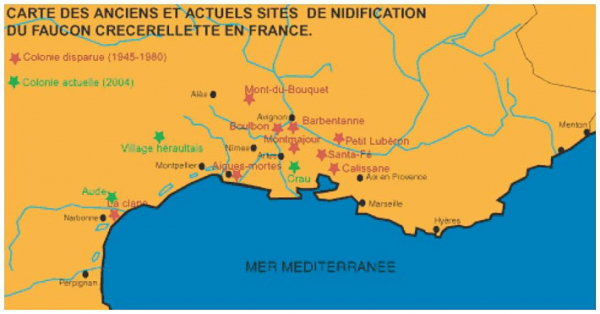 carte des anciens et actuels sites de nidification du Faucon crécerellette en France