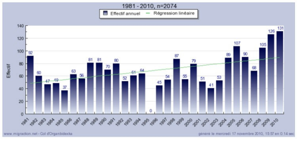 Evolution des effectifs de l’aigle botté observé au Col d’Organbidexka entre 1981 et 2010.