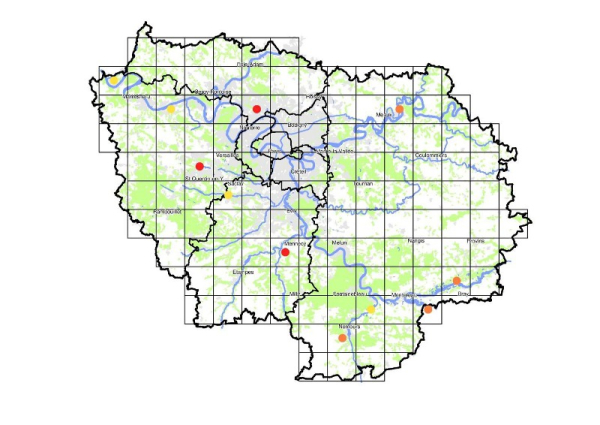 Carte de distribution du Canard chipeau (Anas strepera) en île de France (Atlas des oiseaux nicheurs d’Île de France 2009 2014). En rouge les nicheurs certains, en orange les nicheurs probables. Les cercles concentriques donnent une idée des effectifs nicheurs par maille du quadrillage : de 1 à 10 couples pour les petits cercles.