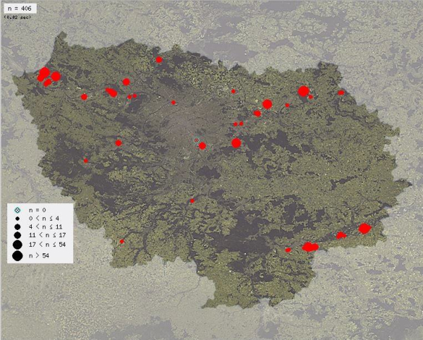 Carte régionale des observations de Harle piette de 2010 à 2018 issue de Faune île-de-France