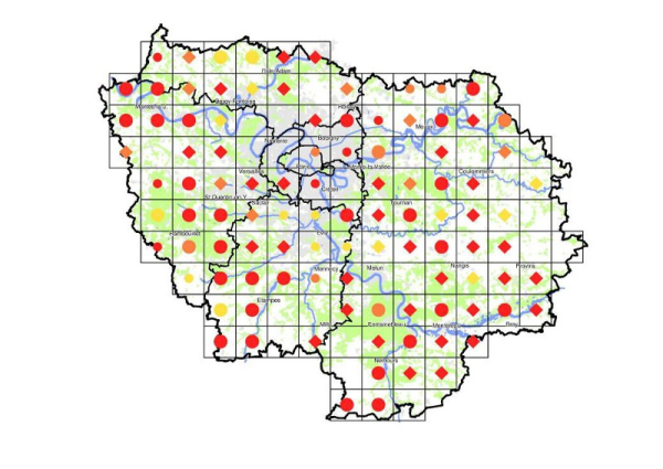 Carte de nidification du Choucas des tours (Corvus monedula) en île-de-France (issue de l’Atlas des oiseaux nicheurs d’Ile-de-France, 2009-2014). En rouge les nicheurs certains, en orange les nicheurs probables, en jaune les nicheurs possibles. Les cercles concentriques donnent une idée des effectifs nicheurs par maille du quadrillage : de 1 à 10 couples pour les petits cercles, de 11 à 100 couples pour les cercles moyens, des losanges quand il n’y a pas eu de dénombrement.