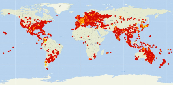 Carte de la répartition mondiale du sanglier d’Europe à partir des données du GBIF (Source : INPN, source des données GBIF ou Global Biodiversity Information Facility)