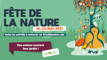 Visuel officiel de la 15ème édition de la fête de la nature estampillé vos voisins ouvrent leur jardin en écho au centenaire