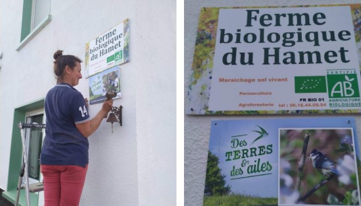 agricultrice installant sur son mur une plaque "Des terres et des ailes"